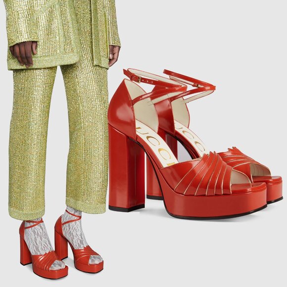 GUCCI SHOES MEDEA PLATFORM SANDALS ORANGE LEATHER sz 39.5 9.5US - Picture 1 of 15